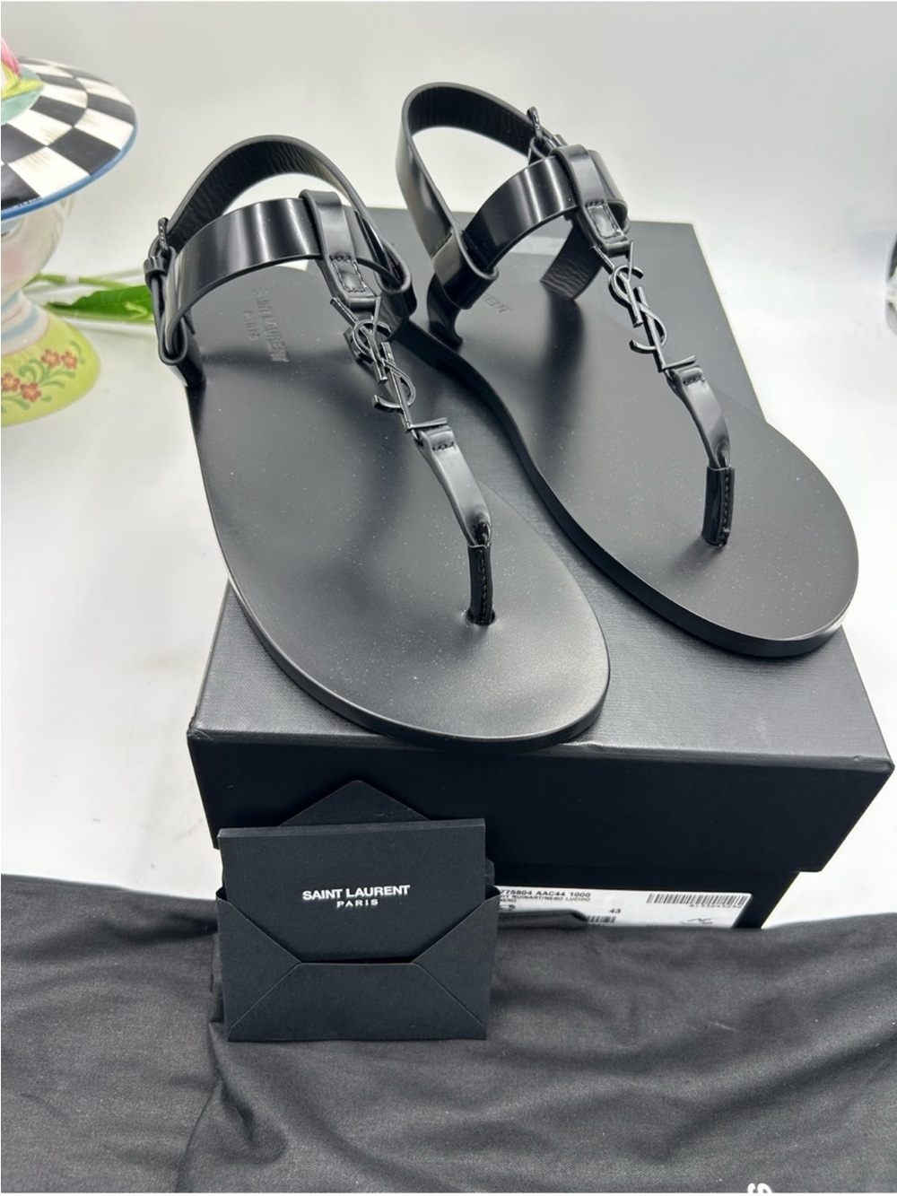 Saint Laurent Black T-Strap Logo Sandals